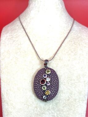 CHI Falchi 925 Sterling Purple Shagreen Multi Gem Pendant Necklace 18"